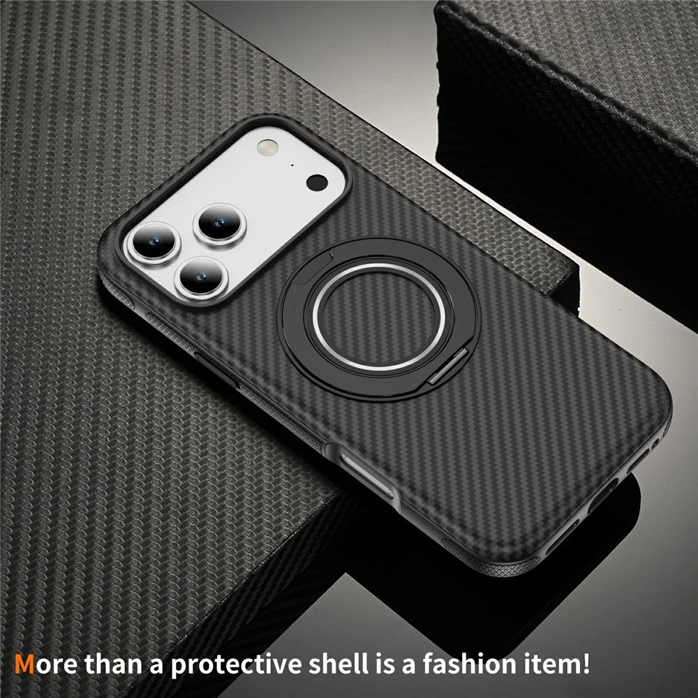 For iPhone 17 Pro Max Case Compatible with MagSafe Carbon Fiber Texture PC + TPU Back Cover with Ring Kickstand - Black+Black - 5