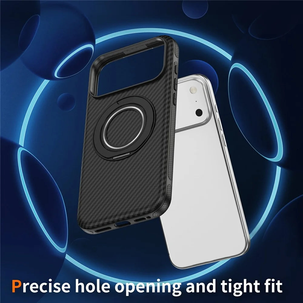 For iPhone 17 Pro Max Case Compatible with MagSafe Carbon Fiber Texture PC + TPU Back Cover with Ring Kickstand - Black+Black - 6