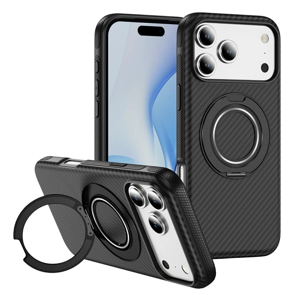 For iPhone 17 Pro Case Compatible with MagSafe Carbon Fiber Texture PC + TPU Back Cover with Ring Kickstand - Black+Black - 1