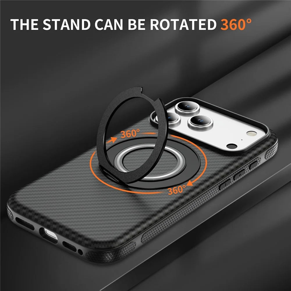 For iPhone 17 Pro Case Compatible with MagSafe Carbon Fiber Texture PC + TPU Back Cover with Ring Kickstand - Black+Black - 2