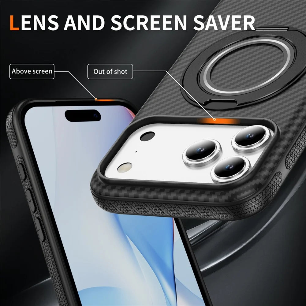 For iPhone 17 Pro Case Compatible with MagSafe Carbon Fiber Texture PC + TPU Back Cover with Ring Kickstand - Black+Black - 4