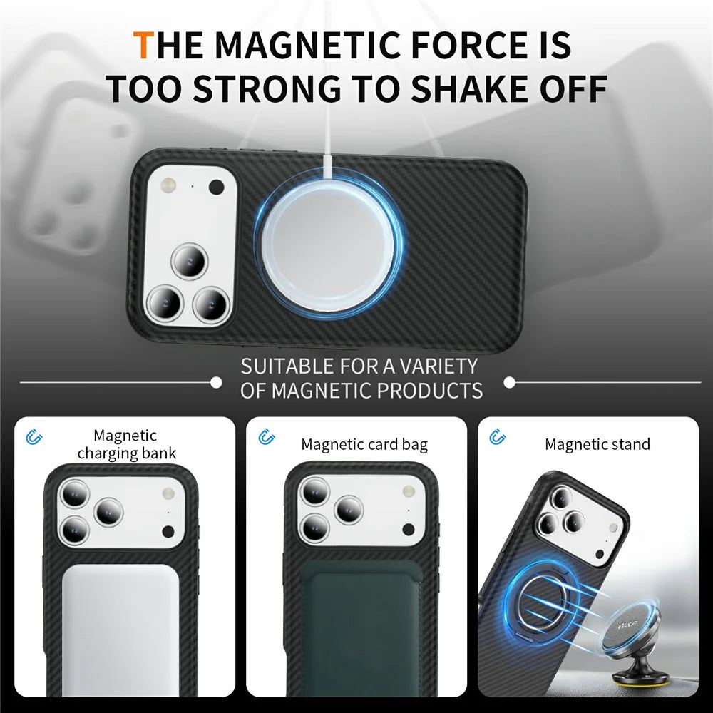 For iPhone 17 Pro Case Compatible with MagSafe Carbon Fiber Texture PC + TPU Back Cover with Ring Kickstand - Black+Black - 7