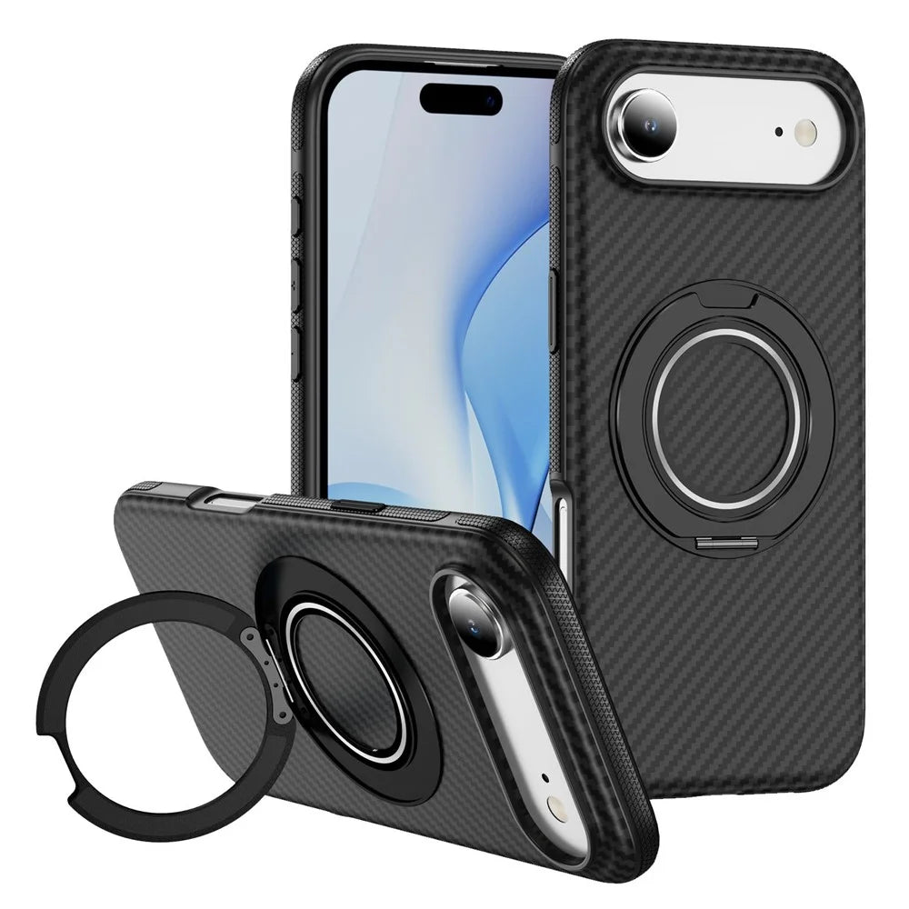 For iPhone Air Case Compatible with MagSafe Carbon Fiber Texture PC + TPU Back Cover with Ring Kickstand - Black+Black - 1
