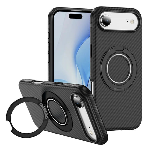 For iPhone Air Case Compatible with MagSafe Carbon Fiber Texture PC + TPU Back Cover with Ring Kickstand - Black+Black - 1