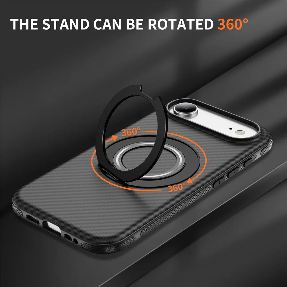 For iPhone Air Case Compatible with MagSafe Carbon Fiber Texture PC + TPU Back Cover with Ring Kickstand - Black+Black - 2