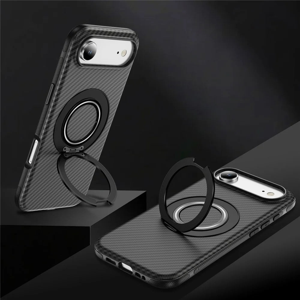 For iPhone Air Case Compatible with MagSafe Carbon Fiber Texture PC + TPU Back Cover with Ring Kickstand - Black+Black - 3