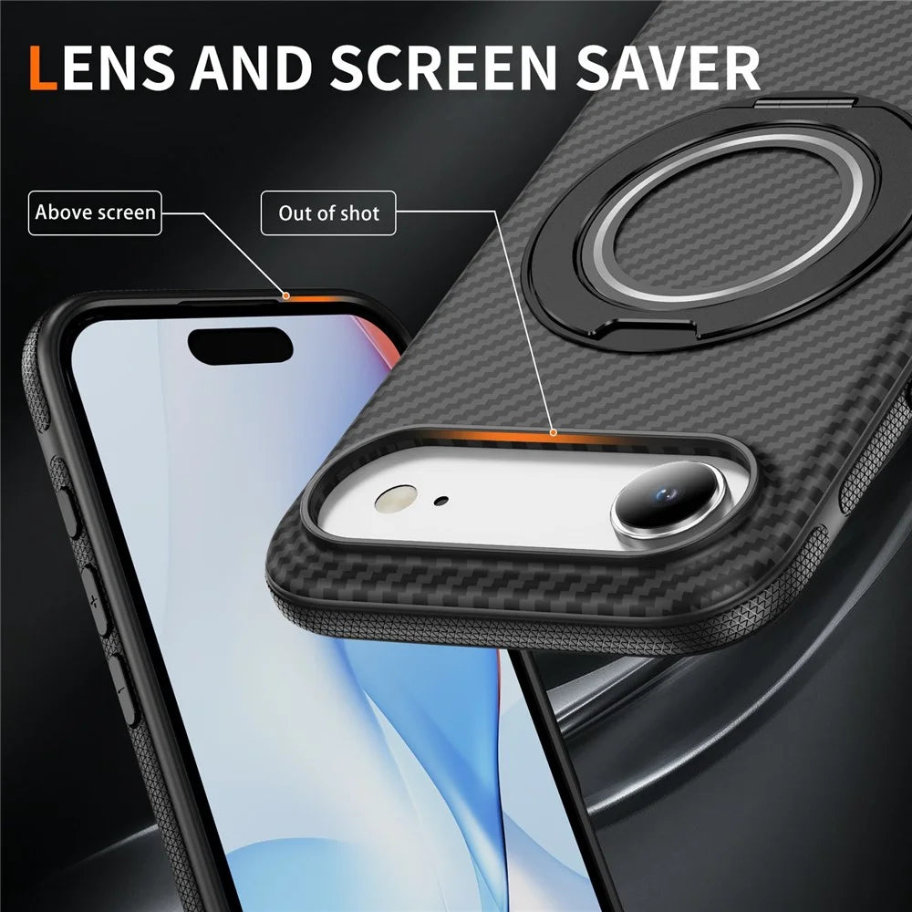 For iPhone Air Case Compatible with MagSafe Carbon Fiber Texture PC + TPU Back Cover with Ring Kickstand - Black+Black - 4