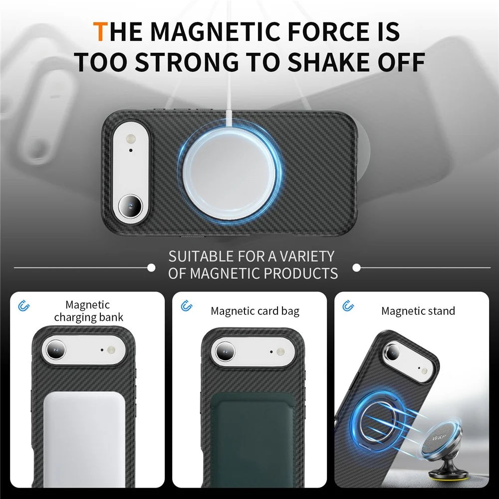 For iPhone Air Case Compatible with MagSafe Carbon Fiber Texture PC + TPU Back Cover with Ring Kickstand - Black+Black - 7