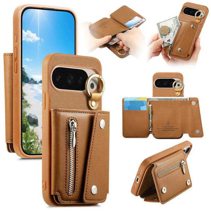 Wallet Kickstand Case for Google Pixel 10 Pro / 10 / 9 Pro / 9 D-Ring Holder Leather + PC + TPU Phone Cover - Brown - 1