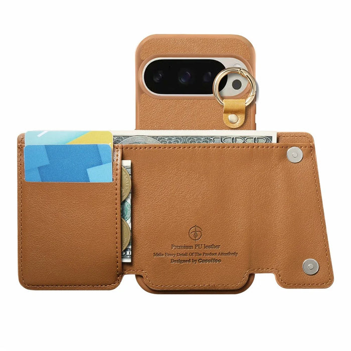 Wallet Kickstand Case for Google Pixel 10 Pro / 10 / 9 Pro / 9 D-Ring Holder Leather + PC + TPU Phone Cover - Brown - 3