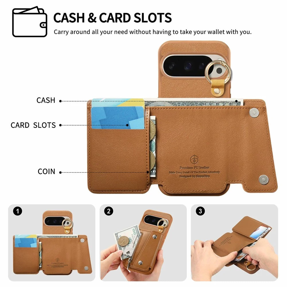 For Google Pixel 10 Pro XL / 9 Pro XL Case D-Ring Holder Leather + PC + TPU Phone Cover with Wallet Kickstand - Brown - 5