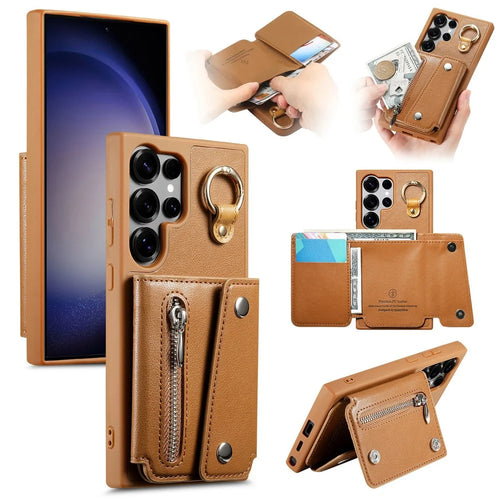 For Samsung Galaxy S24 Ultra Case D-Ring Holder Leather + PC + TPU Phone Cover with Wallet Kickstand - Brown - 1