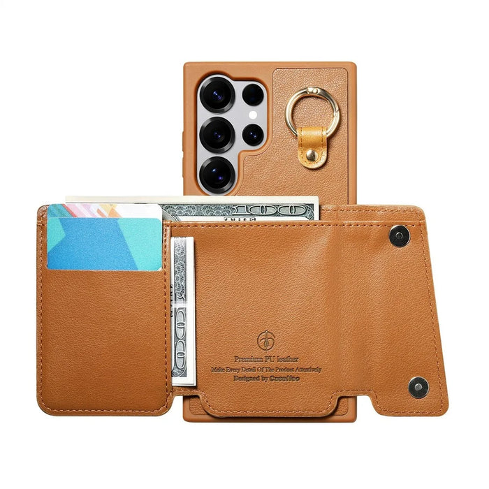 For Samsung Galaxy S24 Ultra Case D-Ring Holder Leather + PC + TPU Phone Cover with Wallet Kickstand - Brown - 3