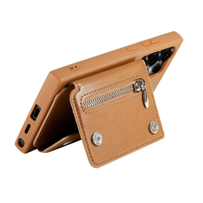 For Samsung Galaxy S24 Ultra Case D-Ring Holder Leather + PC + TPU Phone Cover with Wallet Kickstand - Brown - 5