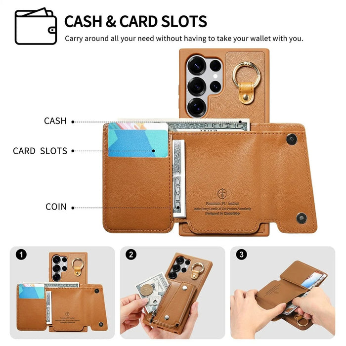 For Samsung Galaxy S24 Ultra Case D-Ring Holder Leather + PC + TPU Phone Cover with Wallet Kickstand - Brown - 6