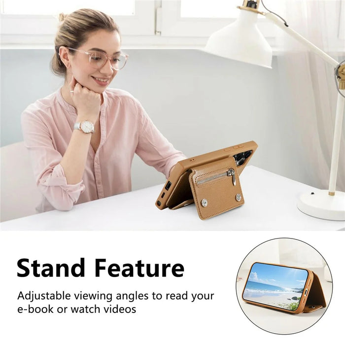 For Samsung Galaxy S24 Ultra Case D-Ring Holder Leather + PC + TPU Phone Cover with Wallet Kickstand - Brown - 7