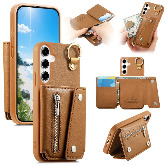 For Samsung Galaxy S25 Case D-Ring Holder Leather + PC + TPU Phone Cover with Wallet Kickstand - Brown - 1