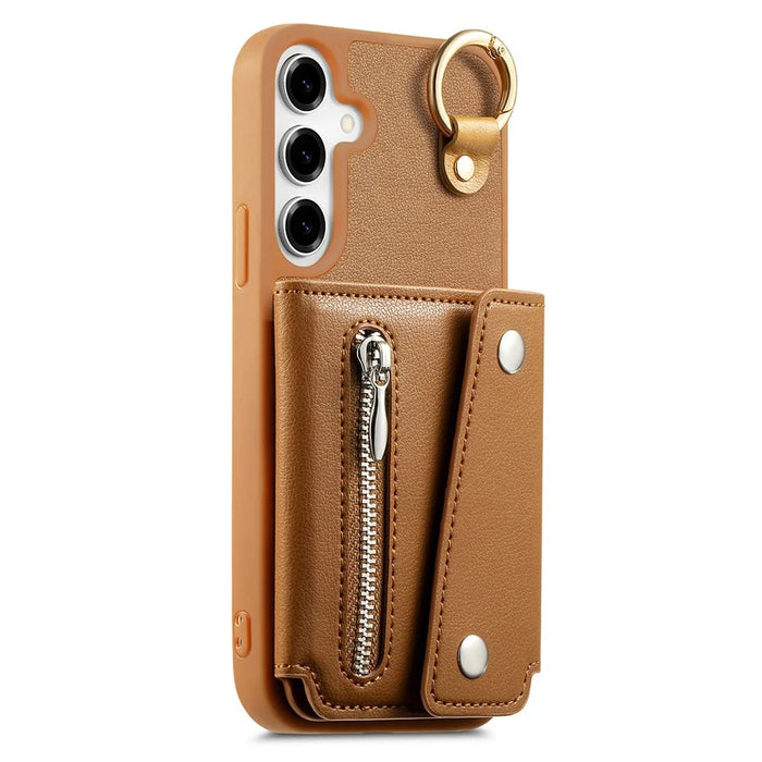 For Samsung Galaxy S25 Case D-Ring Holder Leather + PC + TPU Phone Cover with Wallet Kickstand - Brown - 2