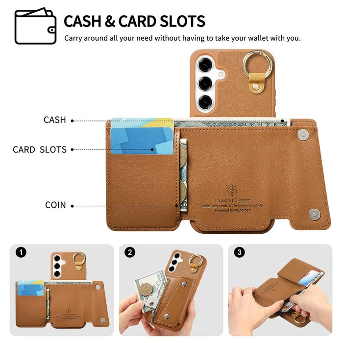 For Samsung Galaxy S25 Case D-Ring Holder Leather + PC + TPU Phone Cover with Wallet Kickstand - Brown - 6