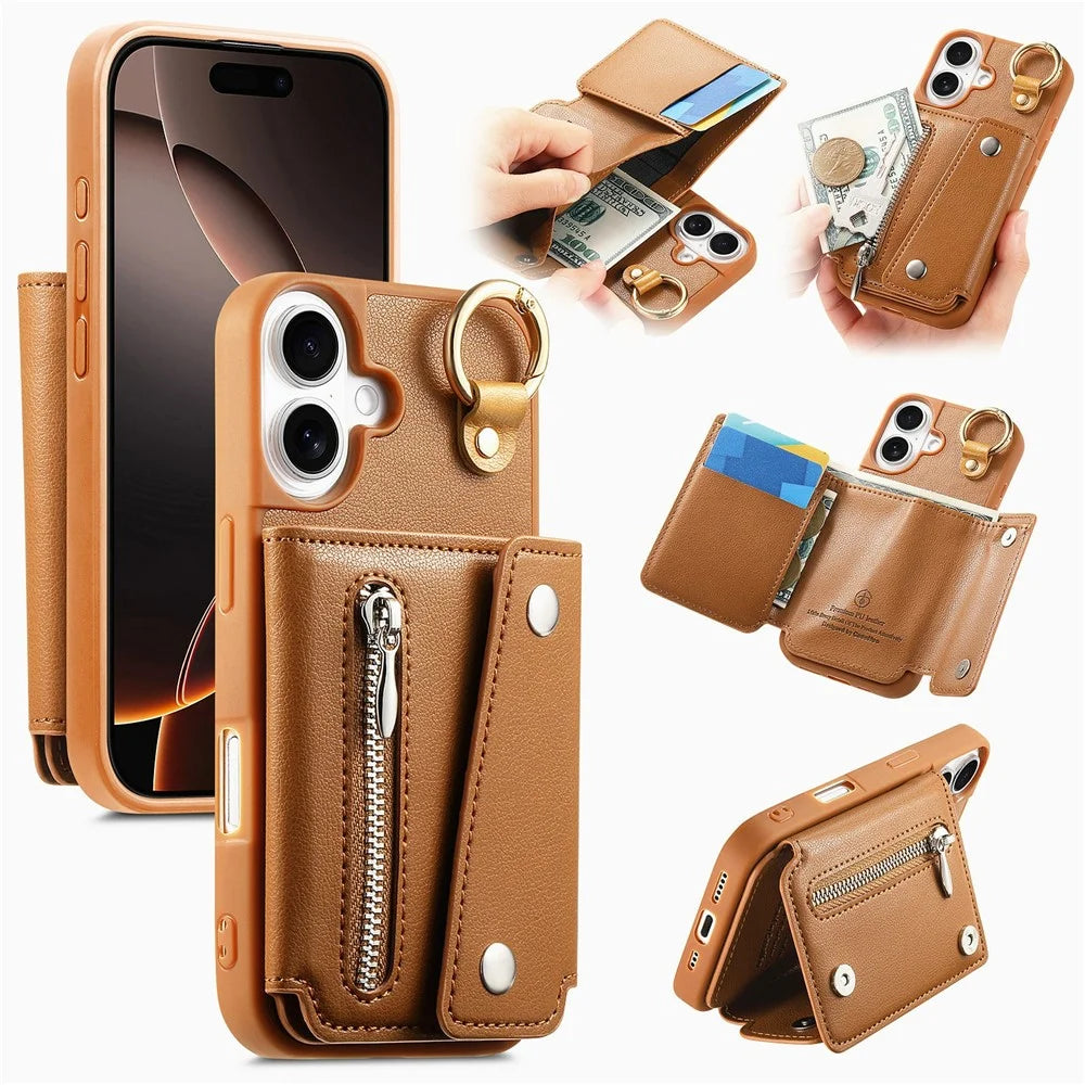 For iPhone 16 Case D-Ring Holder Leather + PC + TPU Phone Cover with Wallet Kickstand - Brown - 1