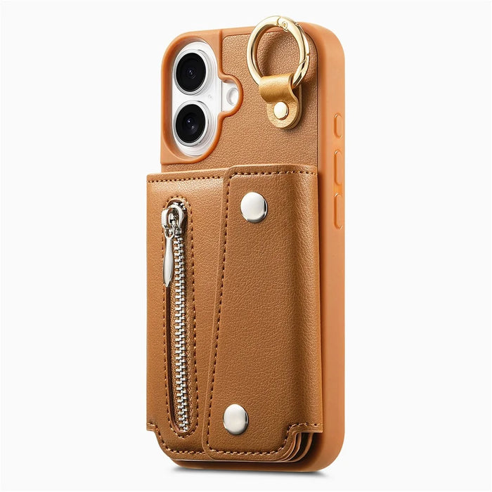 For iPhone 16 Case D-Ring Holder Leather + PC + TPU Phone Cover with Wallet Kickstand - Brown - 2