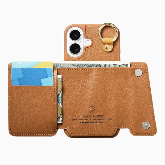 For iPhone 16 Case D-Ring Holder Leather + PC + TPU Phone Cover with Wallet Kickstand - Brown - 3
