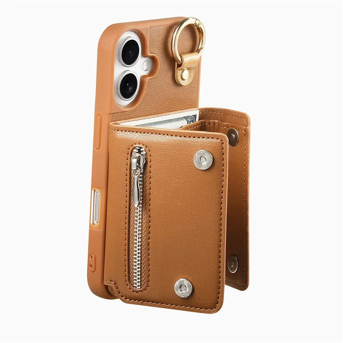 For iPhone 16 Case D-Ring Holder Leather + PC + TPU Phone Cover with Wallet Kickstand - Brown - 4