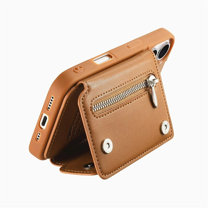 For iPhone 16 Case D-Ring Holder Leather + PC + TPU Phone Cover with Wallet Kickstand - Brown - 5