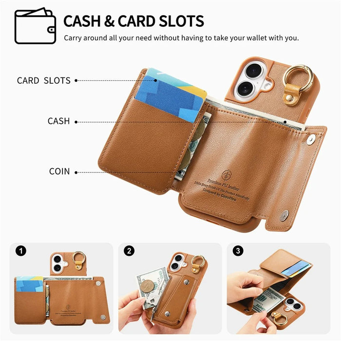 For iPhone 16 Case D-Ring Holder Leather + PC + TPU Phone Cover with Wallet Kickstand - Brown - 6