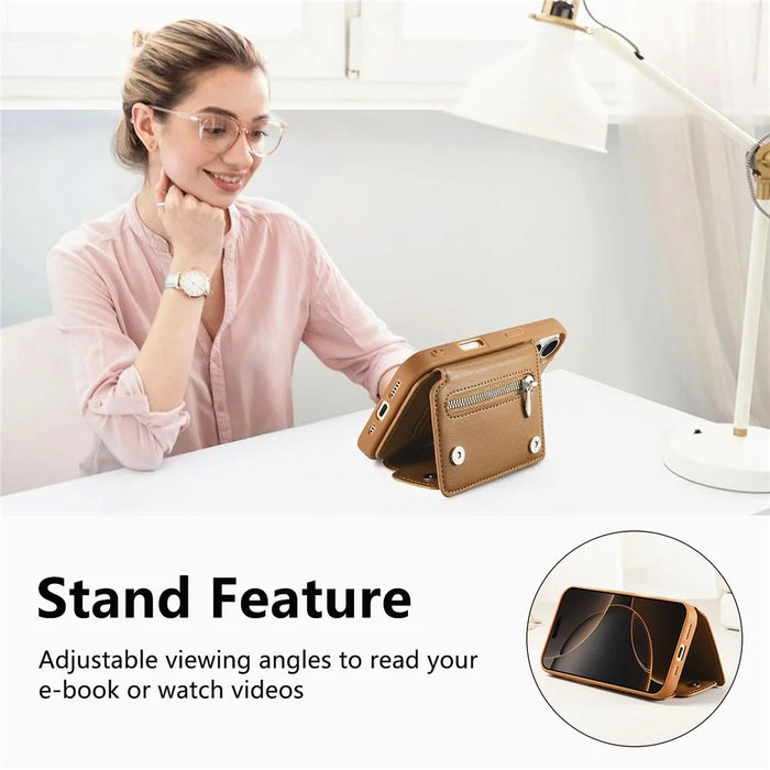 For iPhone 16 Case D-Ring Holder Leather + PC + TPU Phone Cover with Wallet Kickstand - Brown - 7