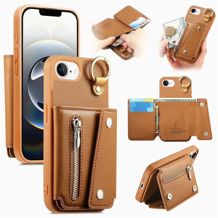 For iPhone 17e / 16e Case D-Ring Holder Leather + PC + TPU Phone Cover with Wallet Kickstand - Brown - 1