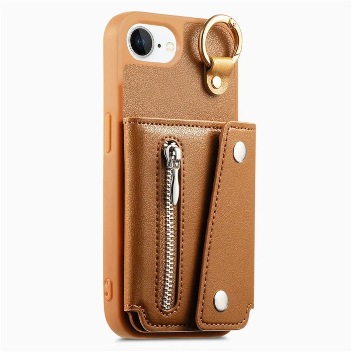 For iPhone 17e / 16e Case D-Ring Holder Leather + PC + TPU Phone Cover with Wallet Kickstand - Brown - 2