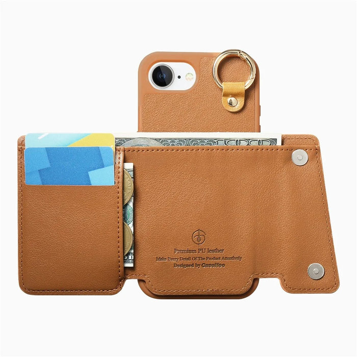 For iPhone 17e / 16e Case D-Ring Holder Leather + PC + TPU Phone Cover with Wallet Kickstand - Brown - 3