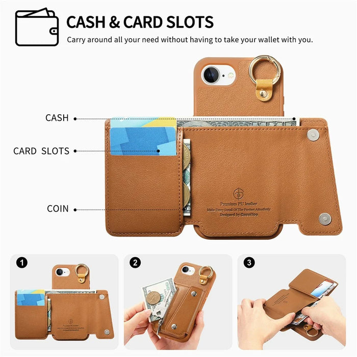 For iPhone 17e / 16e Case D-Ring Holder Leather + PC + TPU Phone Cover with Wallet Kickstand - Brown - 6