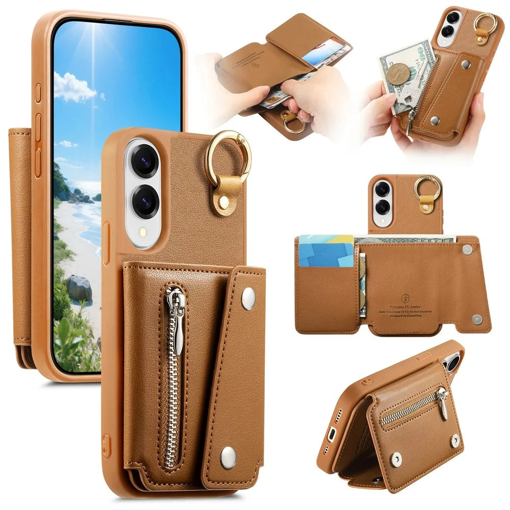 For Samsung Galaxy S25 Edge Case D-Ring Holder Leather + PC + TPU Phone Cover with Wallet Kickstand - Brown - 1