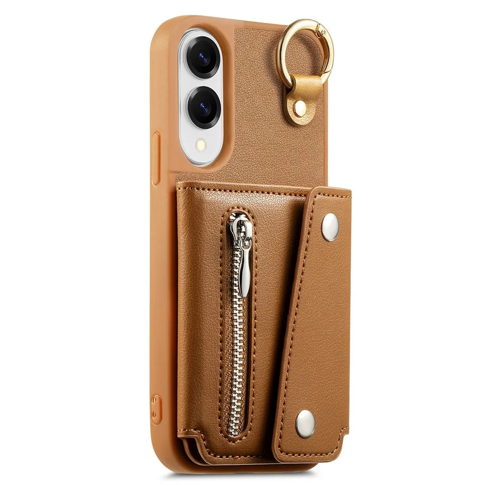 For Samsung Galaxy S25 Edge Case D-Ring Holder Leather + PC + TPU Phone Cover with Wallet Kickstand - Brown - 2