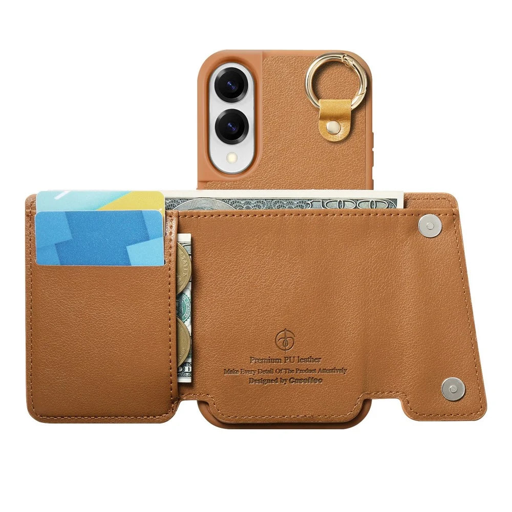 For Samsung Galaxy S25 Edge Case D-Ring Holder Leather + PC + TPU Phone Cover with Wallet Kickstand - Brown - 3