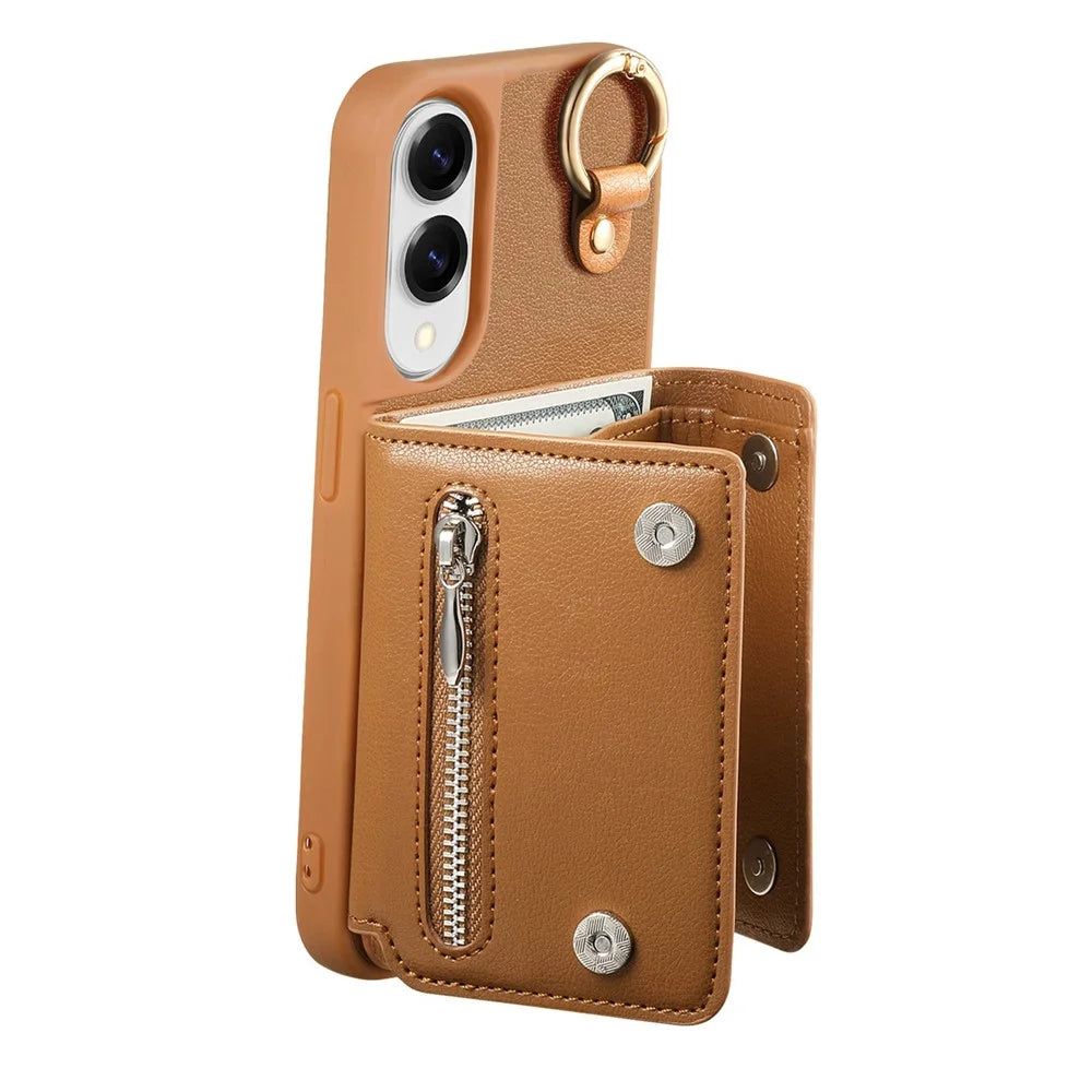 For Samsung Galaxy S25 Edge Case D-Ring Holder Leather + PC + TPU Phone Cover with Wallet Kickstand - Brown - 4