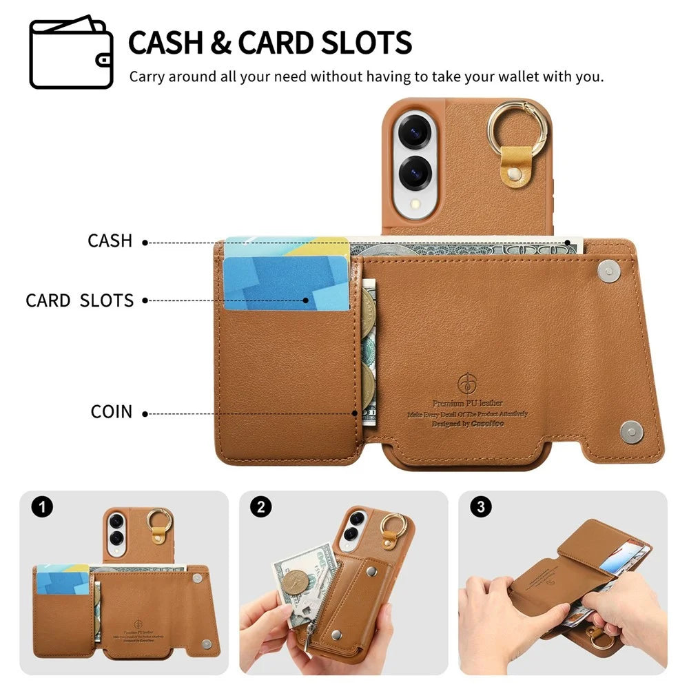 For Samsung Galaxy S25 Edge Case D-Ring Holder Leather + PC + TPU Phone Cover with Wallet Kickstand - Brown - 6