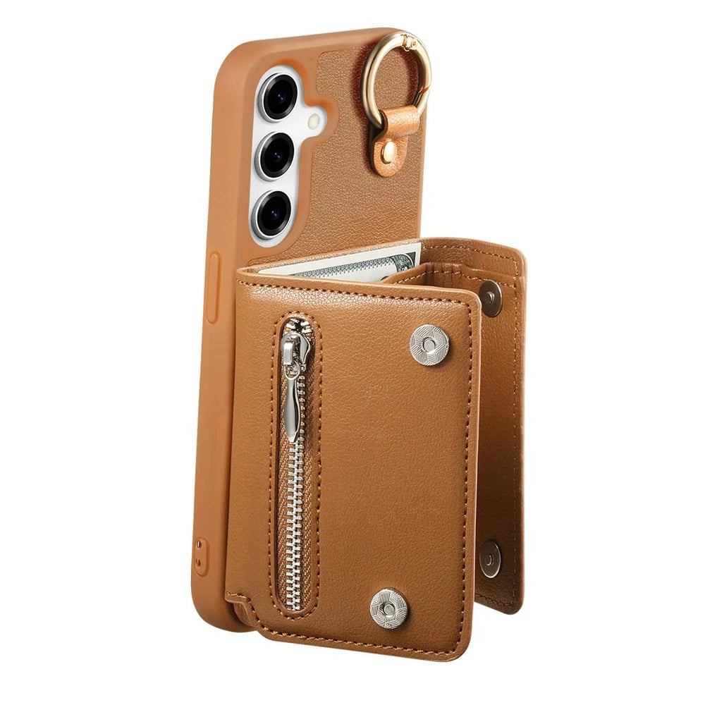 For Samsung Galaxy S25+ Case D-Ring Holder Leather + PC + TPU Phone Cover with Wallet Kickstand - Brown - 4