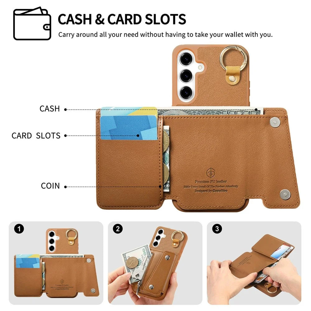For Samsung Galaxy S25+ Case D-Ring Holder Leather + PC + TPU Phone Cover with Wallet Kickstand - Brown - 6