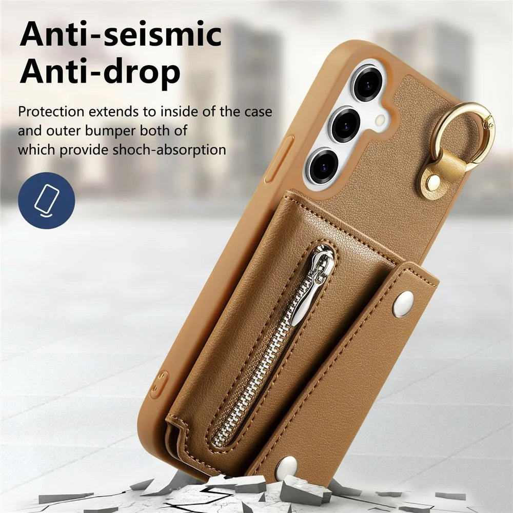 For Samsung Galaxy A15 4G / 5G Case D-Ring Holder Leather + PC + TPU Phone Cover with Wallet Kickstand - Brown - 7