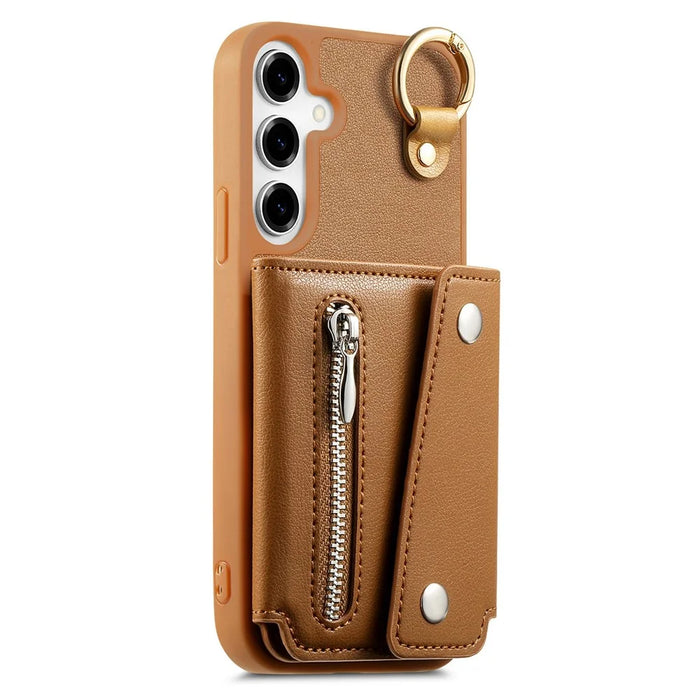 For Samsung Galaxy A55 5G Case D-Ring Holder Leather + PC + TPU Phone Cover with Wallet Kickstand - Brown - 2