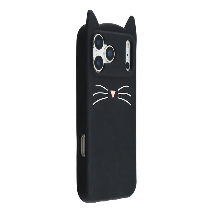 For iPhone 17 Pro Max Silicone Case 3D Moustache Cat Protective Phone Cover - Black - 3