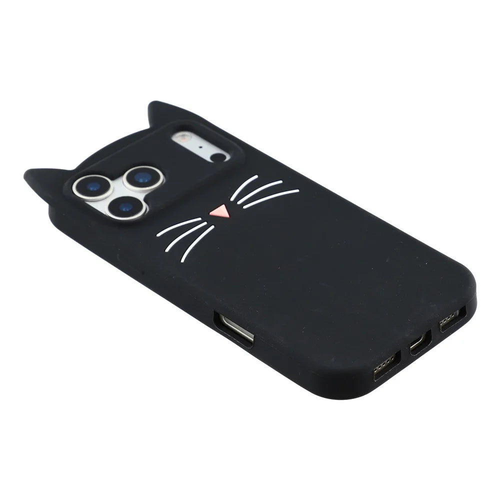 For iPhone 17 Pro Silicone Case 3D Moustache Cat Protective Phone Cover - Black - 4