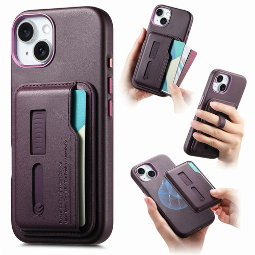 For iPhone 15 Case Compatible with MagSafe Detachable Card Bag with Finger Ring Strap PU Leather Coated TPU Phone Cover - Purple - 1