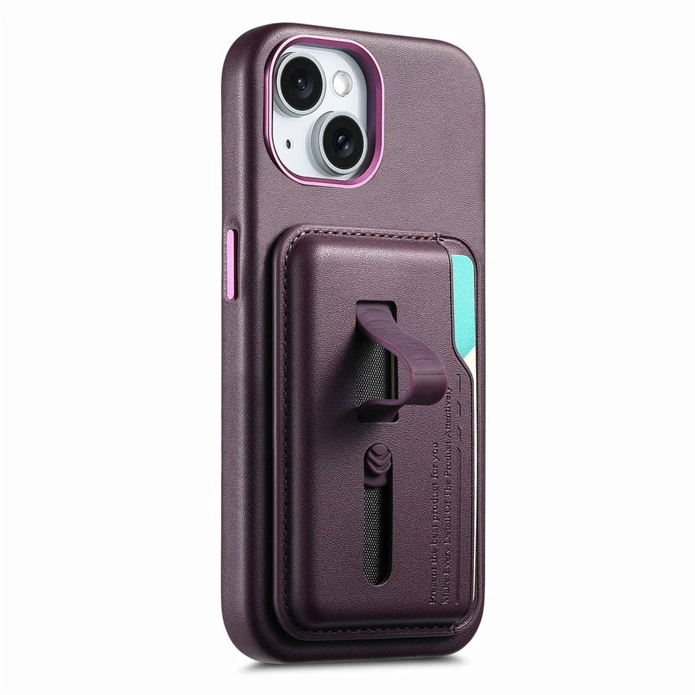 For iPhone 15 Case Compatible with MagSafe Detachable Card Bag with Finger Ring Strap PU Leather Coated TPU Phone Cover - Purple - 2