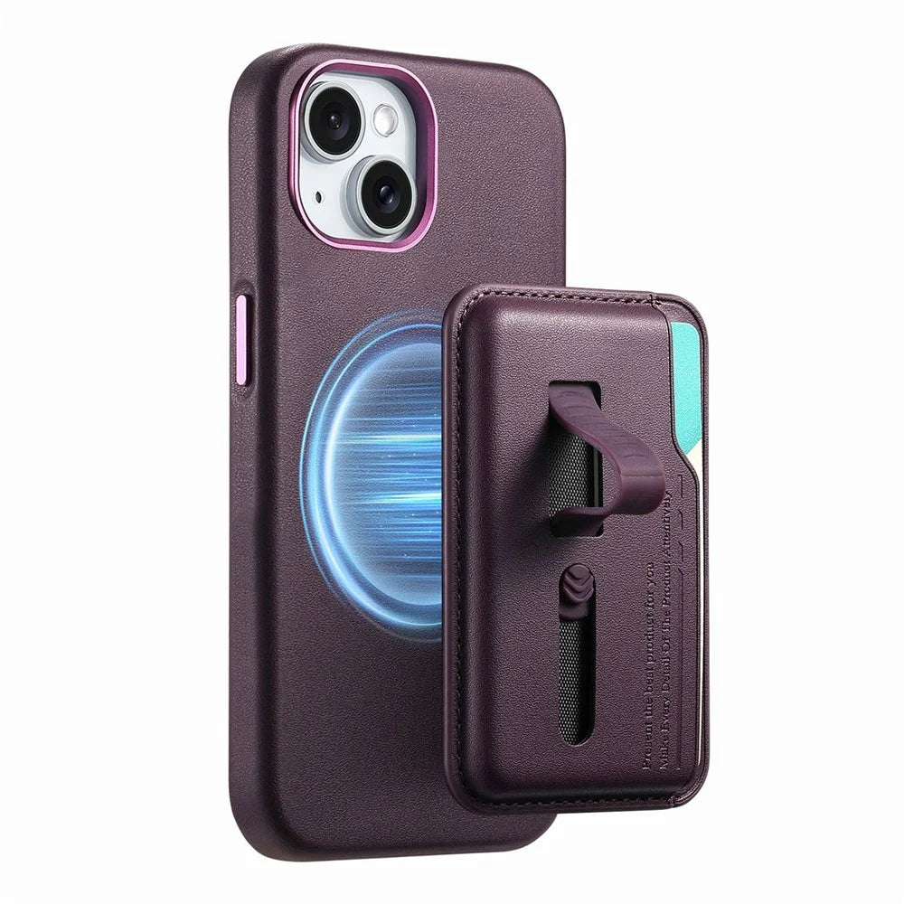 For iPhone 15 Case Compatible with MagSafe Detachable Card Bag with Finger Ring Strap PU Leather Coated TPU Phone Cover - Purple - 3
