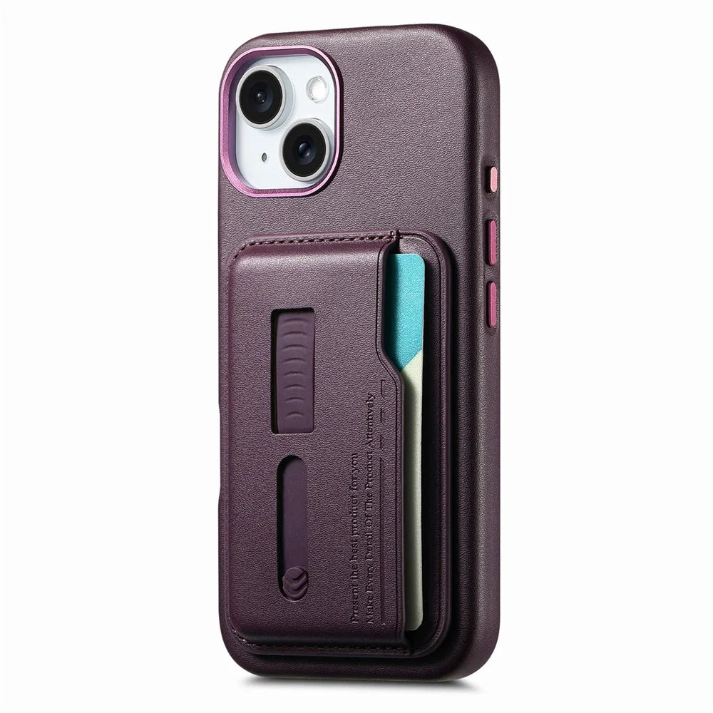 For iPhone 15 Case Compatible with MagSafe Detachable Card Bag with Finger Ring Strap PU Leather Coated TPU Phone Cover - Purple - 4