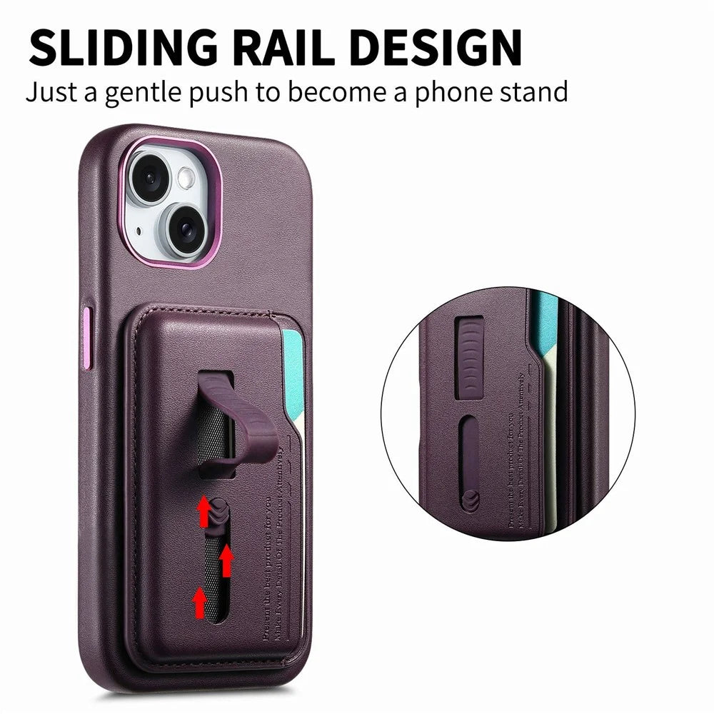 For iPhone 15 Case Compatible with MagSafe Detachable Card Bag with Finger Ring Strap PU Leather Coated TPU Phone Cover - Purple - 5